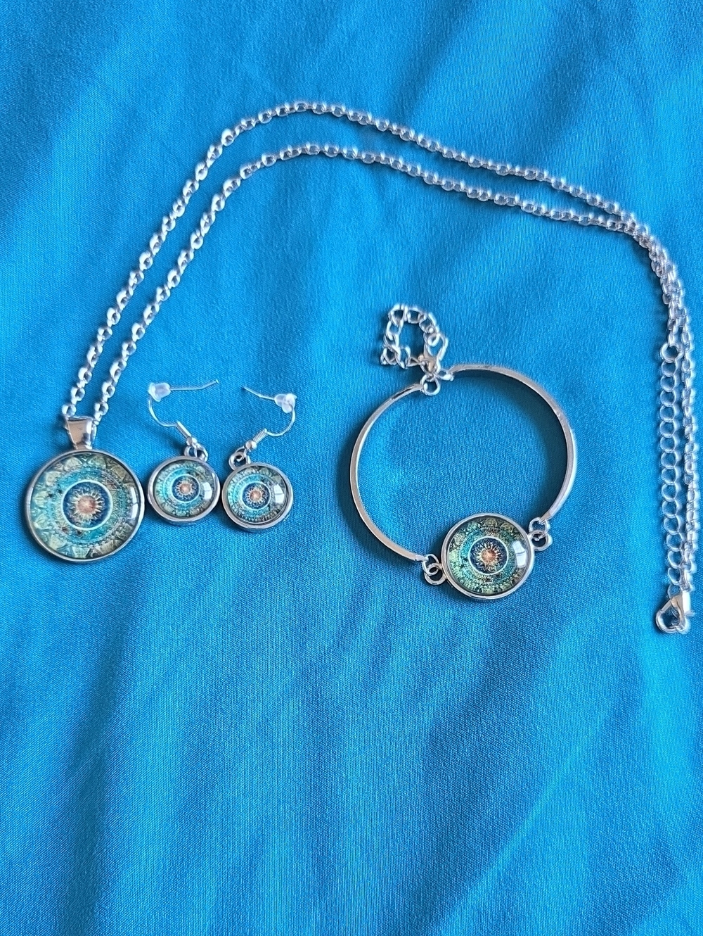 Silver Tone Turquoise Mandala Jewelry Set by